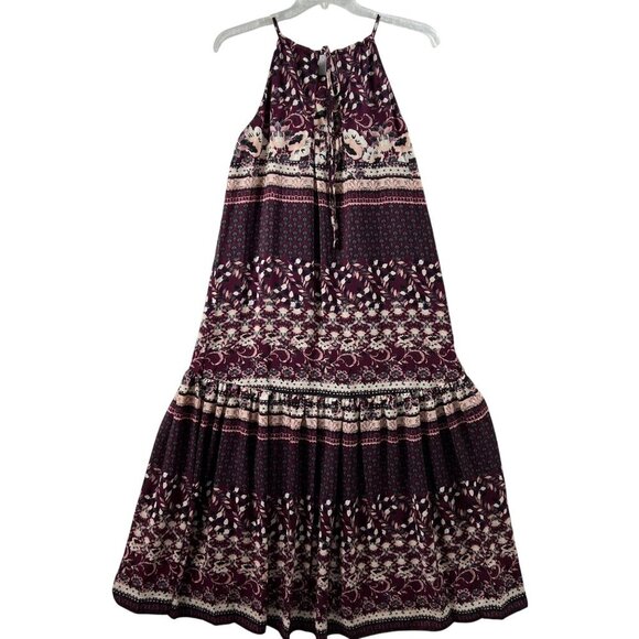 Maison Tara Womens 14 Boho Maxi Floral Geometric Halter Burgundy Dress Fairycore - Picture 4 of 12